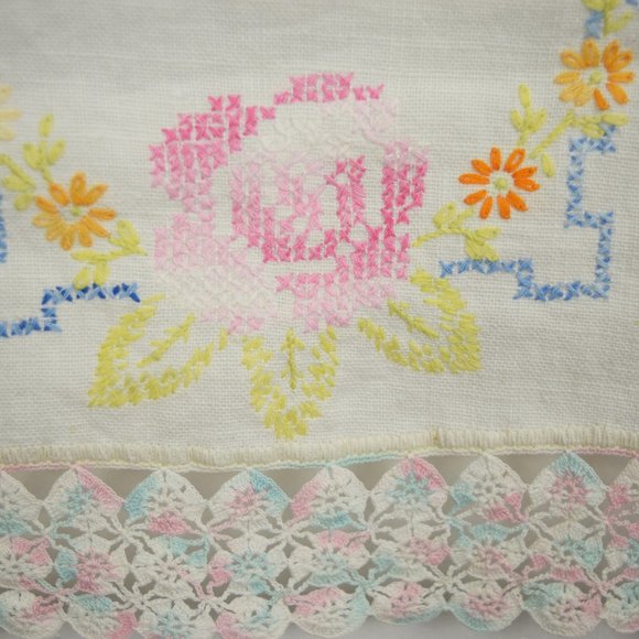 Cross Stitch Shelf Dresser Centerpiece Scarf Rectangle Floral Hand Embroidery - Picture 1 of 10